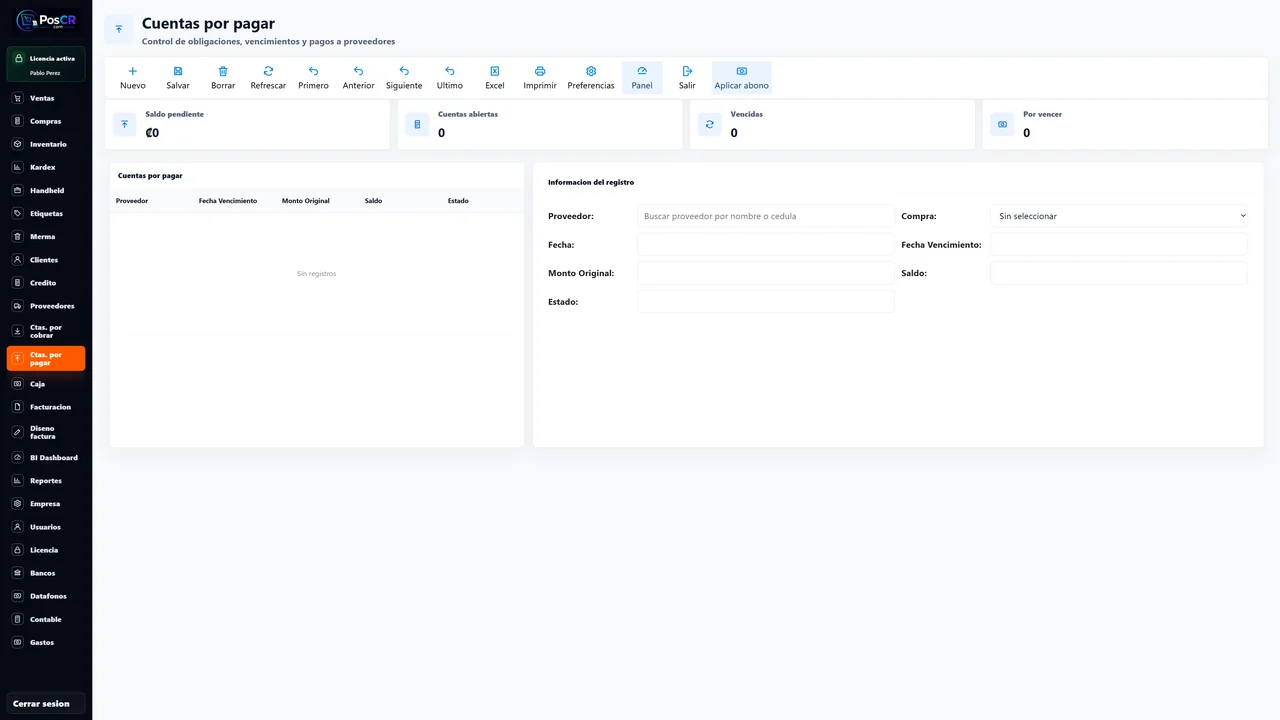 Modulo Cuentas por pagar de PosCR Market